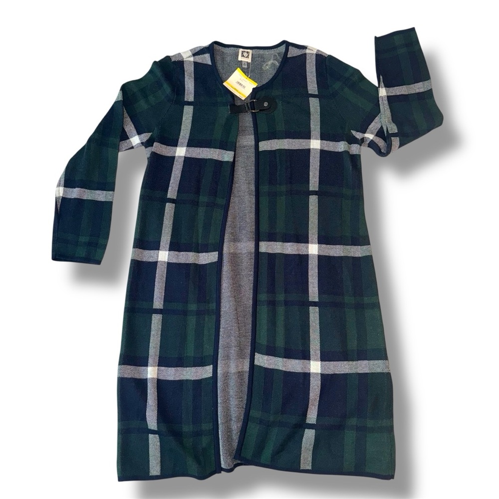 NWT Anne Klein Navy Blue White Green Plaid Sweater Coat Casual Cozy Size Medium